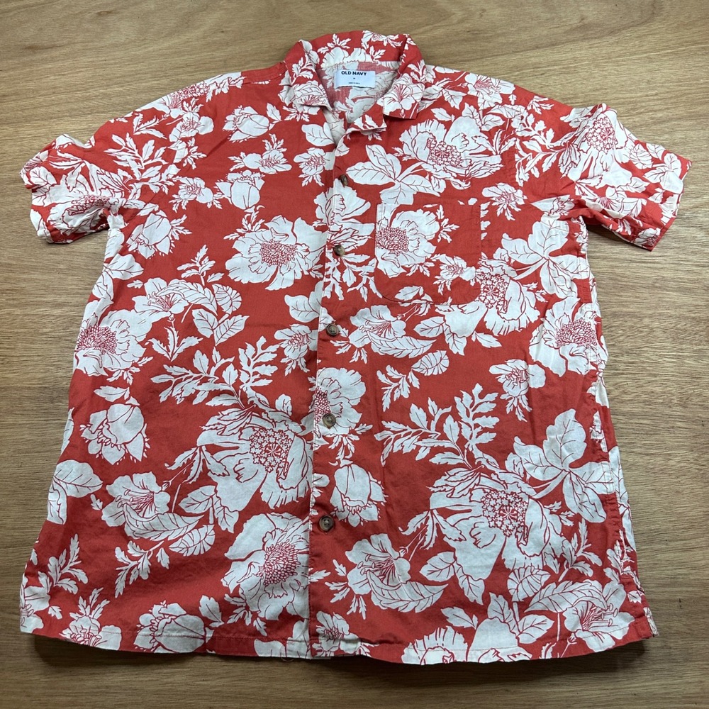 Old Navy Camp Shirt Men's Medium Orange Rust White Floral Button Up Cotton